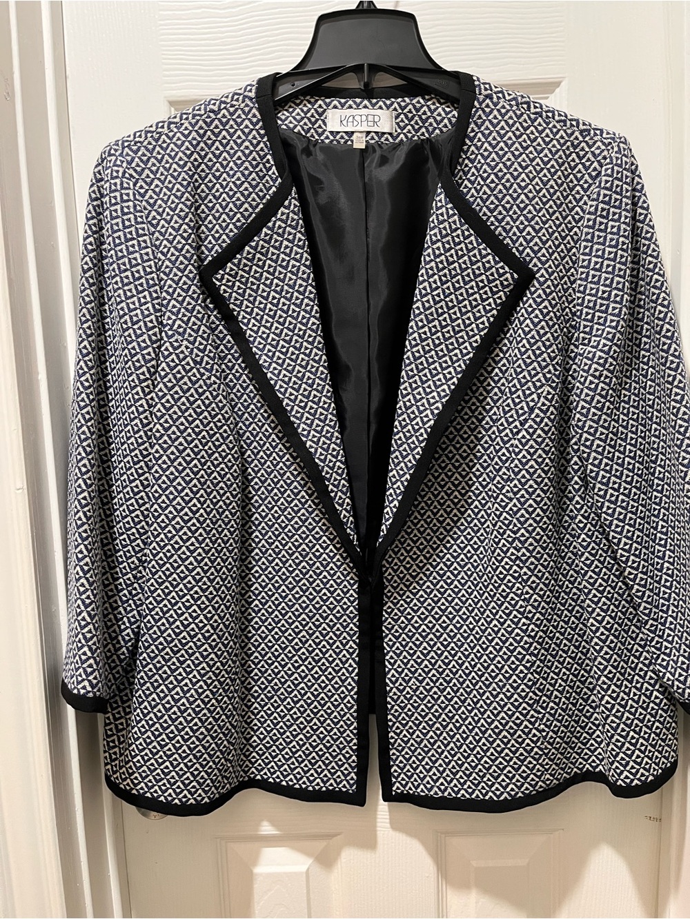 Kasper Navy and White Geometric Open-Front Blazer with Black Trim